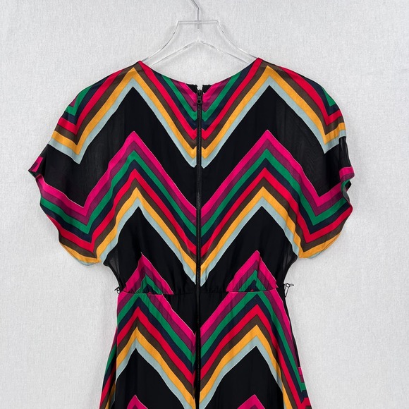 ALICE + OLIVIA Midi Dress Womens 2 Black Rainbow Multi Chevron Burnout Tie Waist - Picture 9 of 16